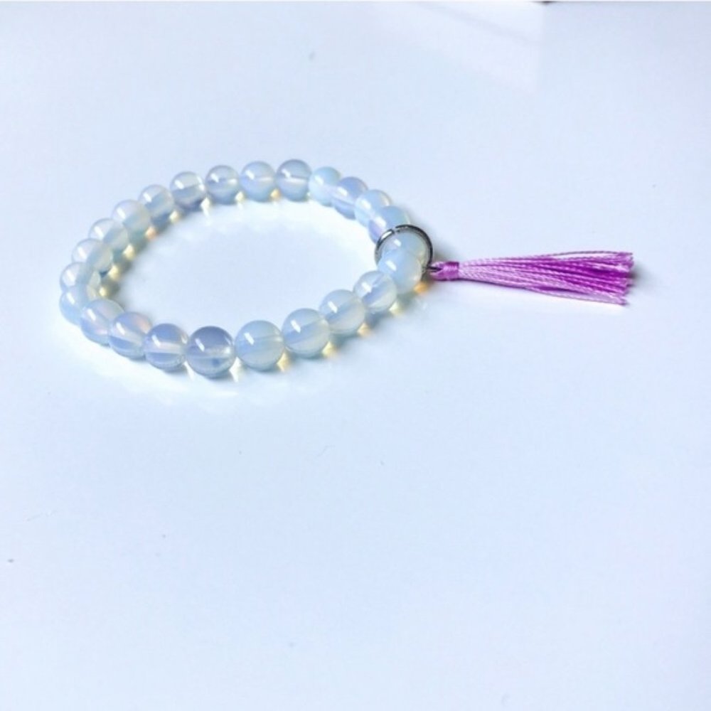 Glowing Opalite Stone Mala Bead Bracelet w/ Tassel